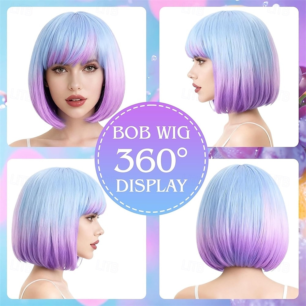 Blue Purple Ombre Bob Wig with Bangs, Colorful Short Funny Bob Wigs Cosplay Hairpieces for Halloween Costume Party Heat Temperature Synthetic Fiber for Women Men 2026 - $26.99 –P1
