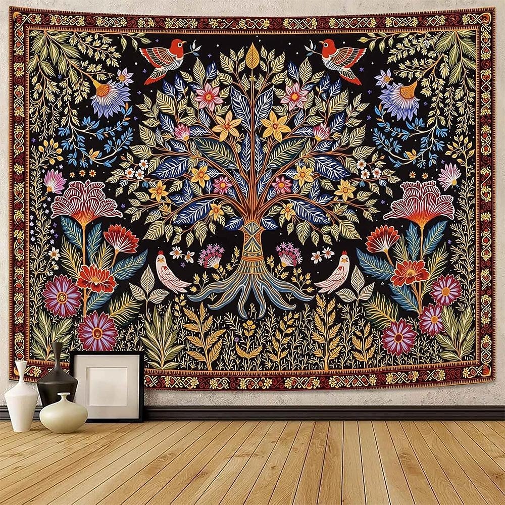 Livets tre folkekunst veggteppe bohemsk etnisk fugler og blomster natur landskap svart bakgrunn åndelig hjemdekor stue soverom bakgrunn innendørs veggmaleri 2026 - $19.99 –P2