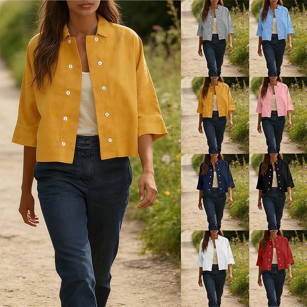 Mulheres Camisa Social Camisas com toque de linho Camisa casual camisa de botão Botões Côr Sólida Férias Vintage Moda Meia Manga Aberto para a Lateral Tops regulares Diário Feriado Roupa de Praia de 2026 por $22.99 –P1
