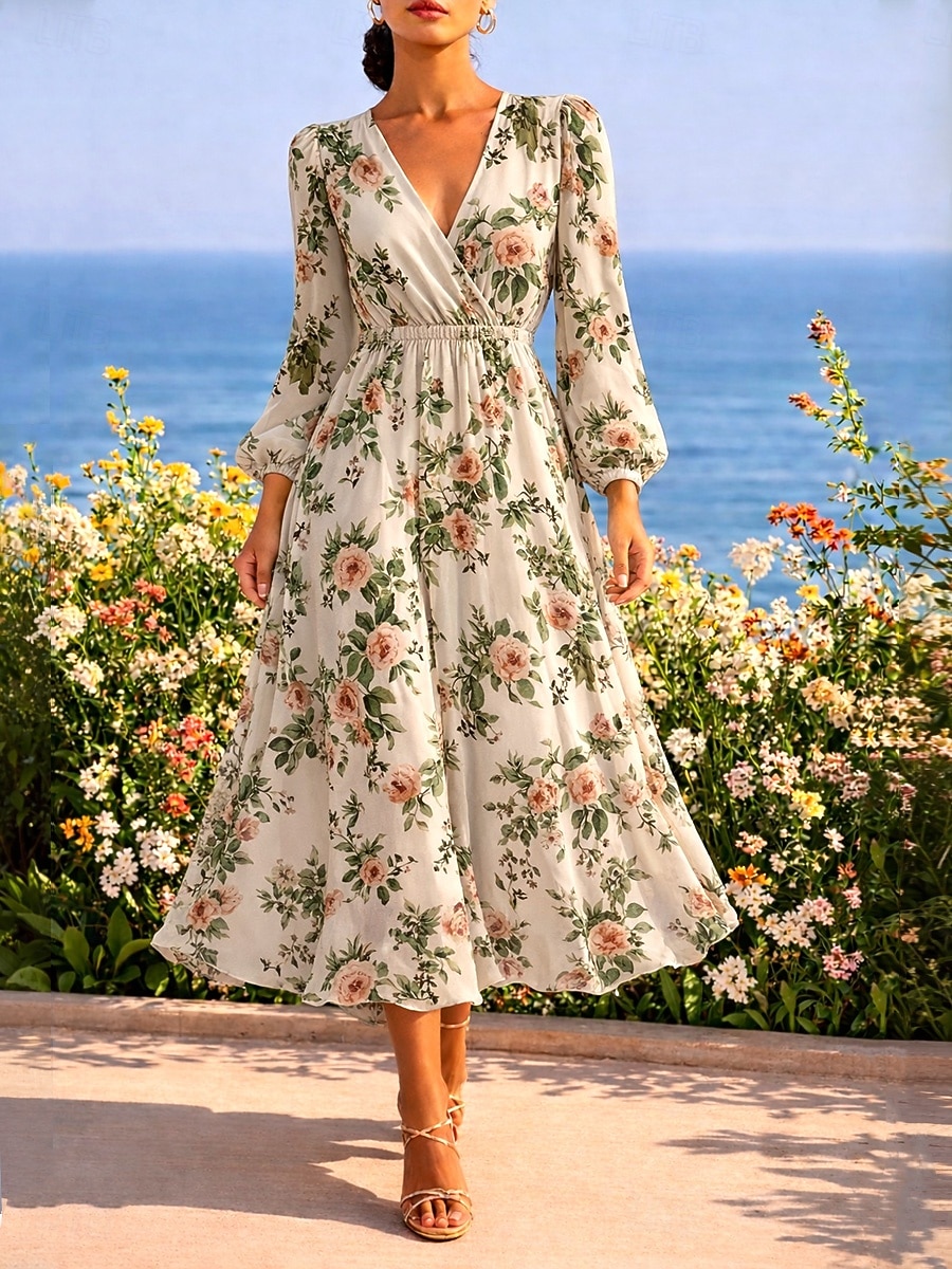 Women's Midi Dress Pleated Dress Work Dresses Fit And Flare Dress Birthday  Casual Formal Office Date Regular Fit Floral Graphic Long Sleeve V Neck  Beige Summer Spring 2026 - GBP 37