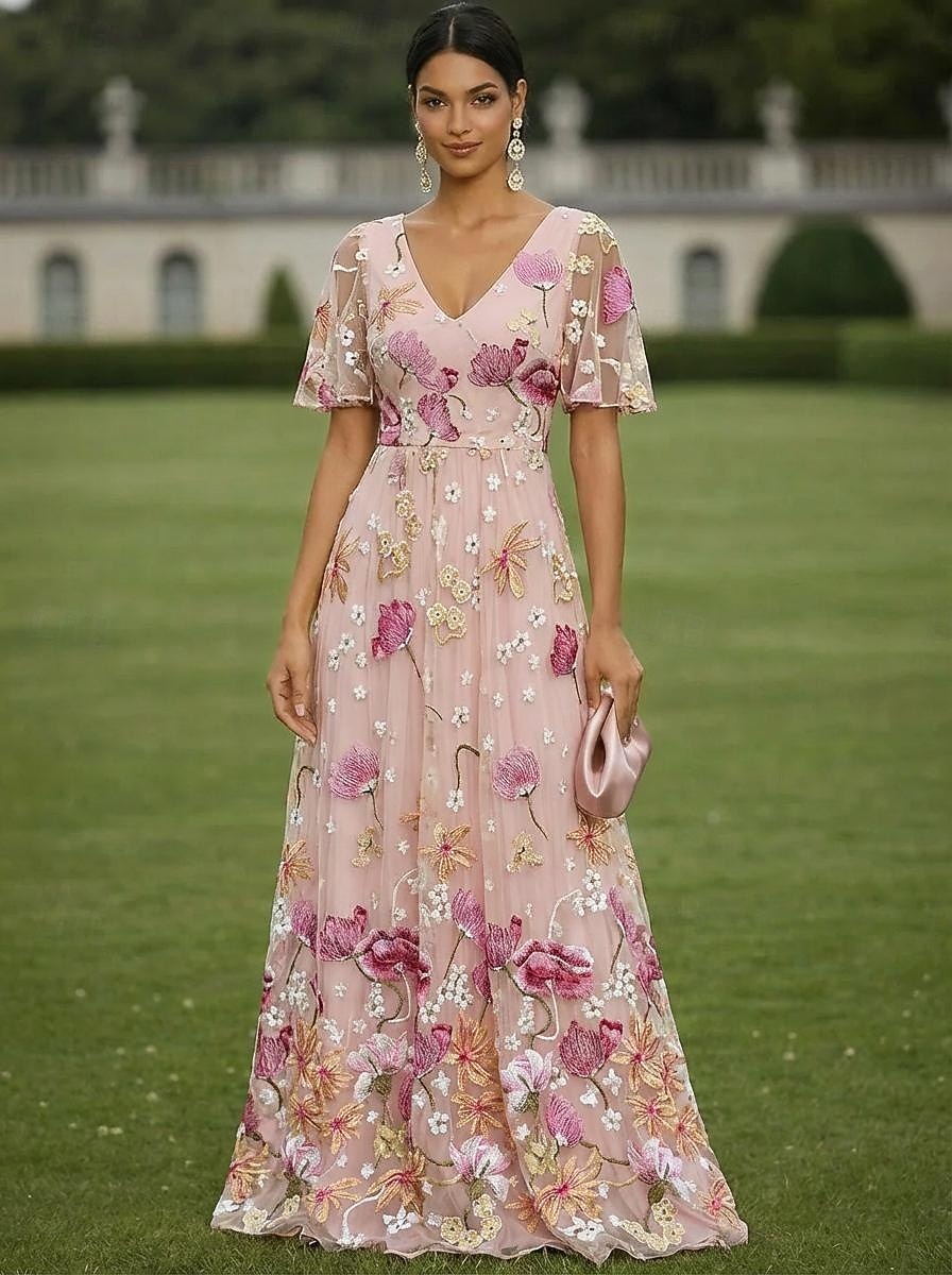 A-lijn Jurken Tot de grond Feestjurk Cocktail jurk Moeder van de bruid jurk Korte mouw V-hals Elegant Vintage Luxueus Formeel Bruiloft gast Kentucky Derby Chiffon Tule met Bloemenprint Borduurwerk 2026 - $171.99 –P1