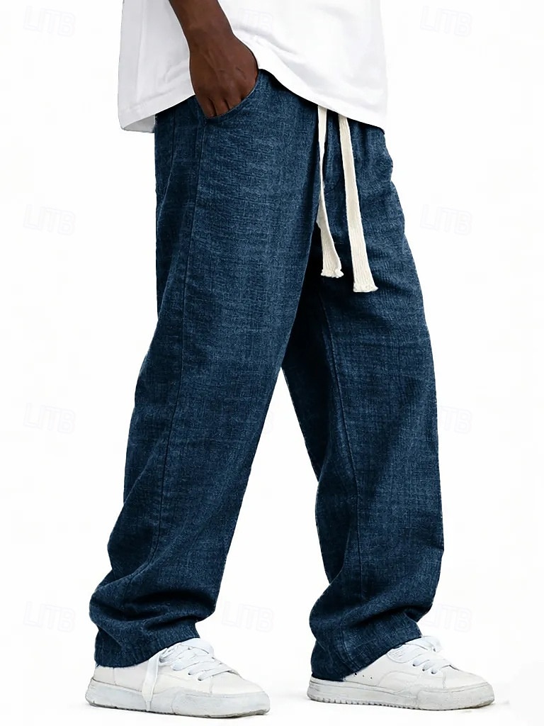 Men's Linen Pants Trousers Summer Pants Baggy Pants Pocket Elastic Waist Straight Leg Solid Color Comfort Comfortable Full Length Casual Daily Holiday Vacation Fashion Blue Black Inelastic 2026 - $25.99 –P9