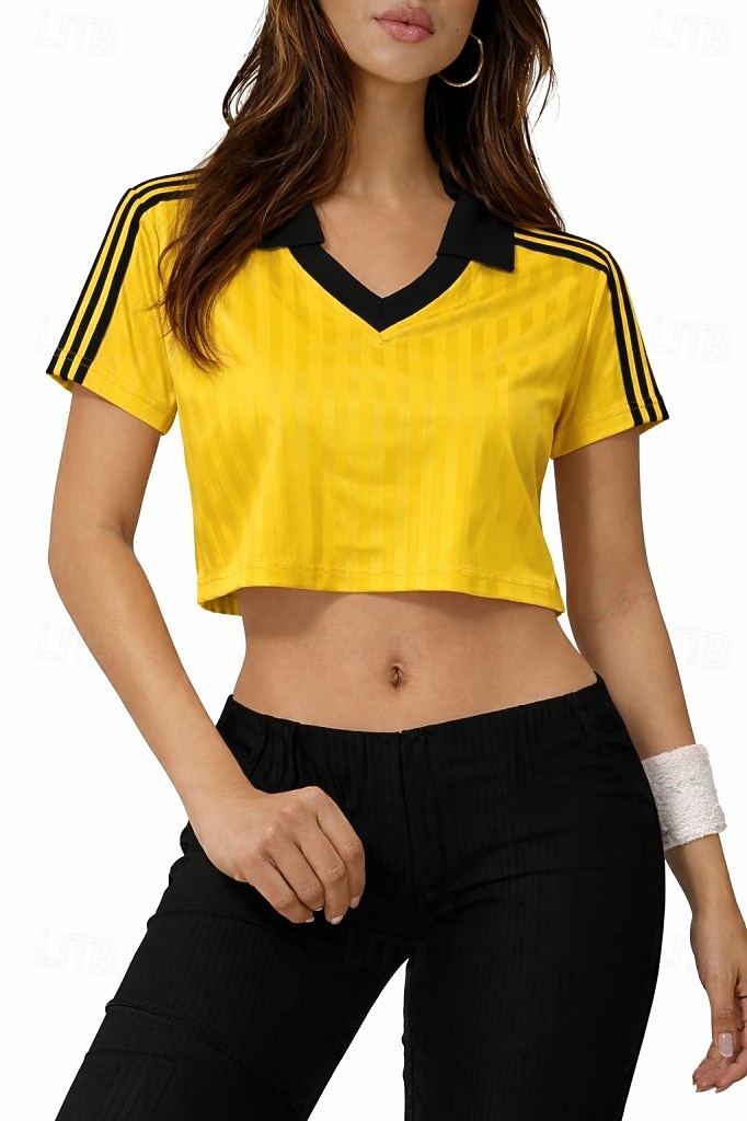 Pentru femei Tricouri Tricou sport Echipament sportiv Bloc de Culoare Dungi Stilat Casual Manșon scurt În V Gulerul Polo Crop Tops Sport Ieșire Sfârșit de săptămână Negru Alb Galben Cafea Var 2026 - $26.99 –P6