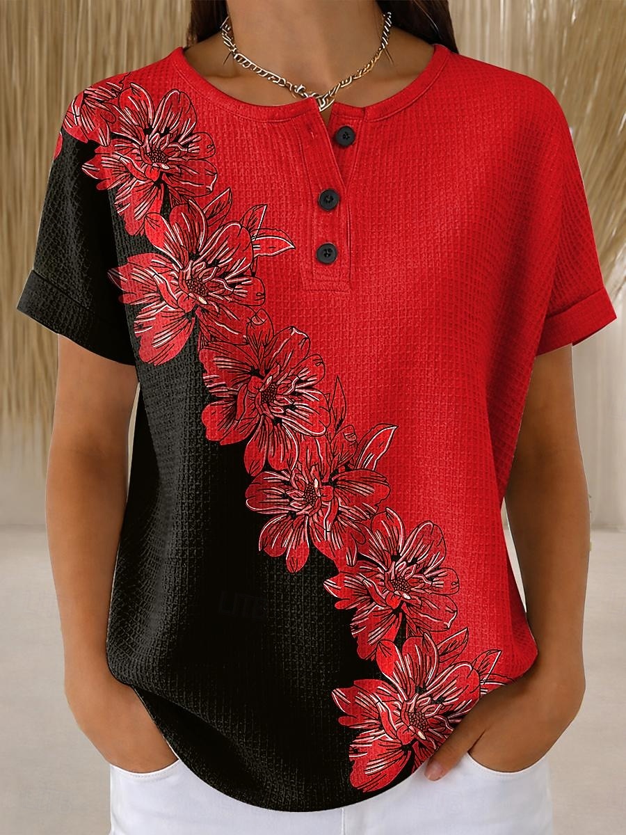Women's Waffle T Shirt Color Block Print Floral Graphic Vintage Stylish Classic Short Sleeve Crew Neck Regular Tops Daily Blue Red Purple Green Summer Spring 2026 - $24.99 –P3