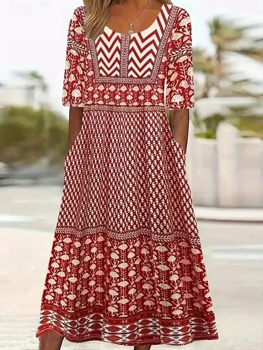 Damen Midikleid Sommerkleid Urlaub Lässig Boho Täglich Strand Normale Passform Blumen Halbarm Rundhalsausschnitt Blau Rote Dunkelblau Beige Sommer Frühling 2026 - $32.99 –P4