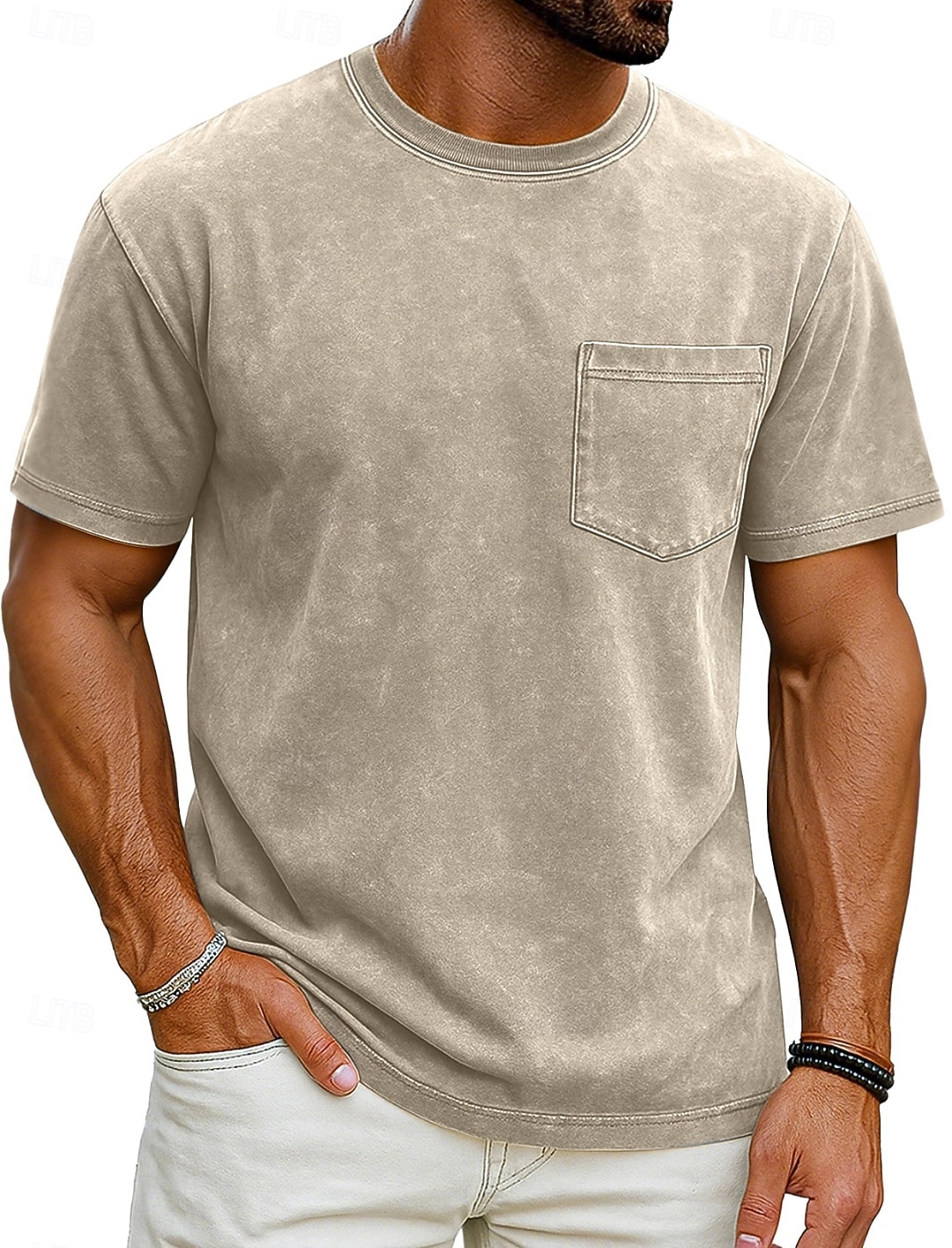 Herr T-shirt Tvätta skjorta i 100 % bomull Kortärmad Rund hals Sommar Vår Alla årstider Ensfärgat Elegant Vintage Neutral Ficka Färgade plagg Bedrövad Ledigt Hem Utomhus Svart Rosa Brun Topp t-shirt 2026 - $20.99 –P3