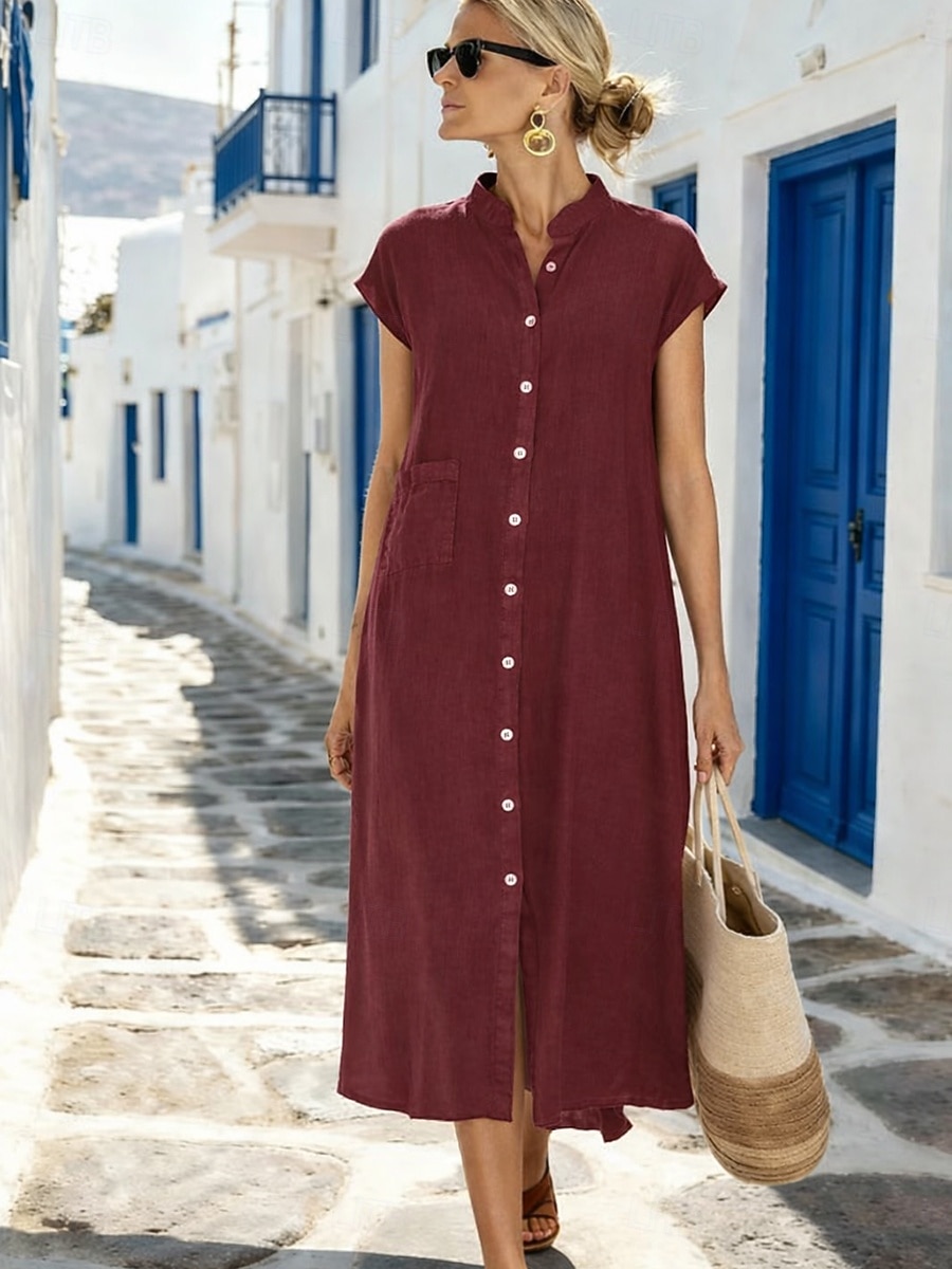 Femmes Robe Midi Robe fourreau Robe d'été Occasionnel Quotidien Coupe Ample Uni Manche Courte Col haut Vin bleu marine Gris Été de 2026 ? $33.99 –P11