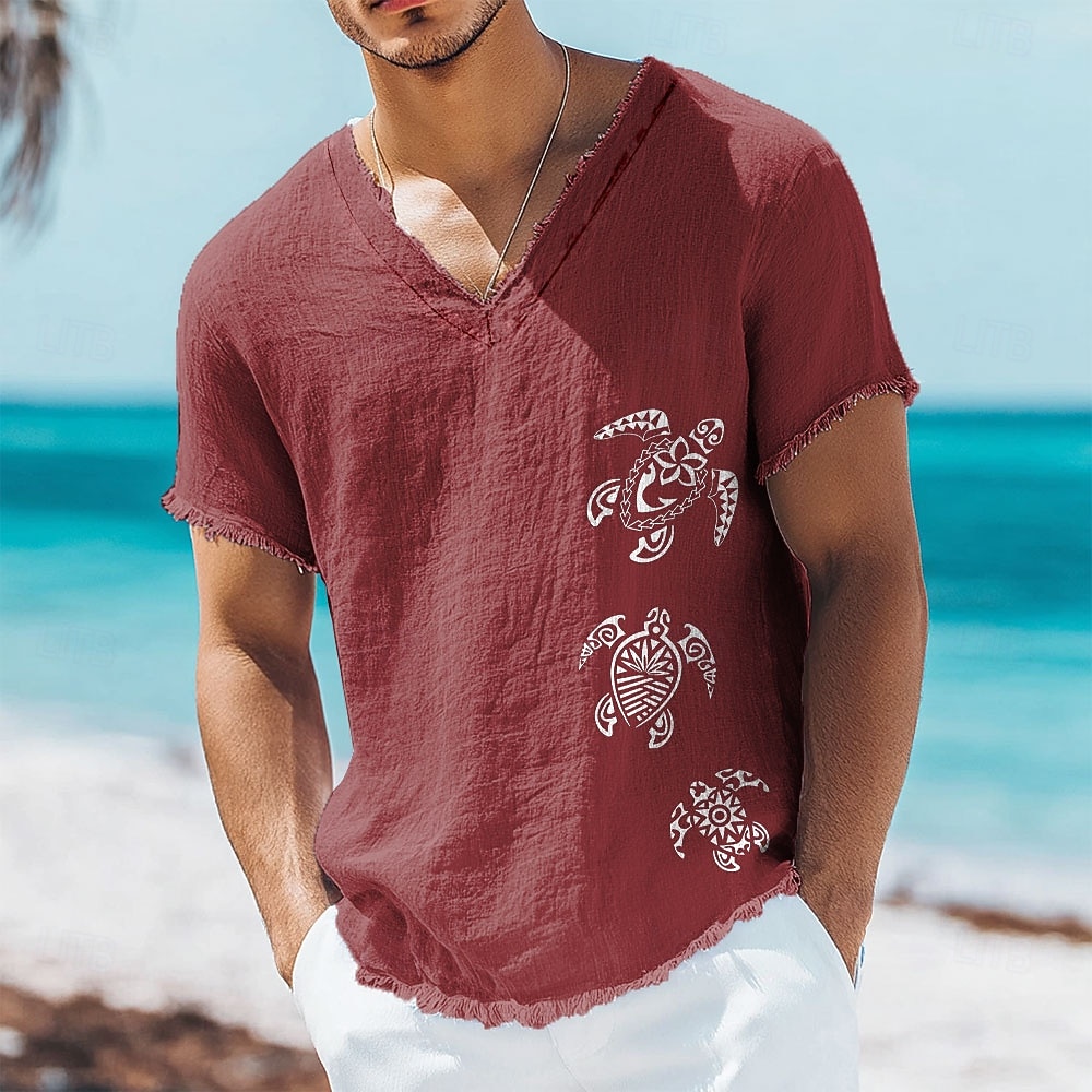 Tricou bărbătesc cu imprimeu triplu tribal de broaște țestoase marine, amestec de in și bumbac, decolteu în V, margini brute, polinezian honu, vară, plajă, vacanță, top moale, zdrențuit, la modă, 2026 - $24.99 –P3