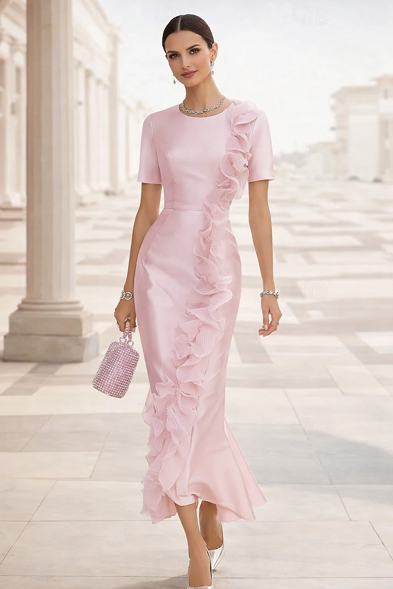 Mermaid / Trumpet Evening Ankle Length Cocktail Dresses Wedding Guest Dresses Elegant Short Sleeve Crew Neck Garden Party Formal Satin with Ruffles 2026 - $159.99 –P1