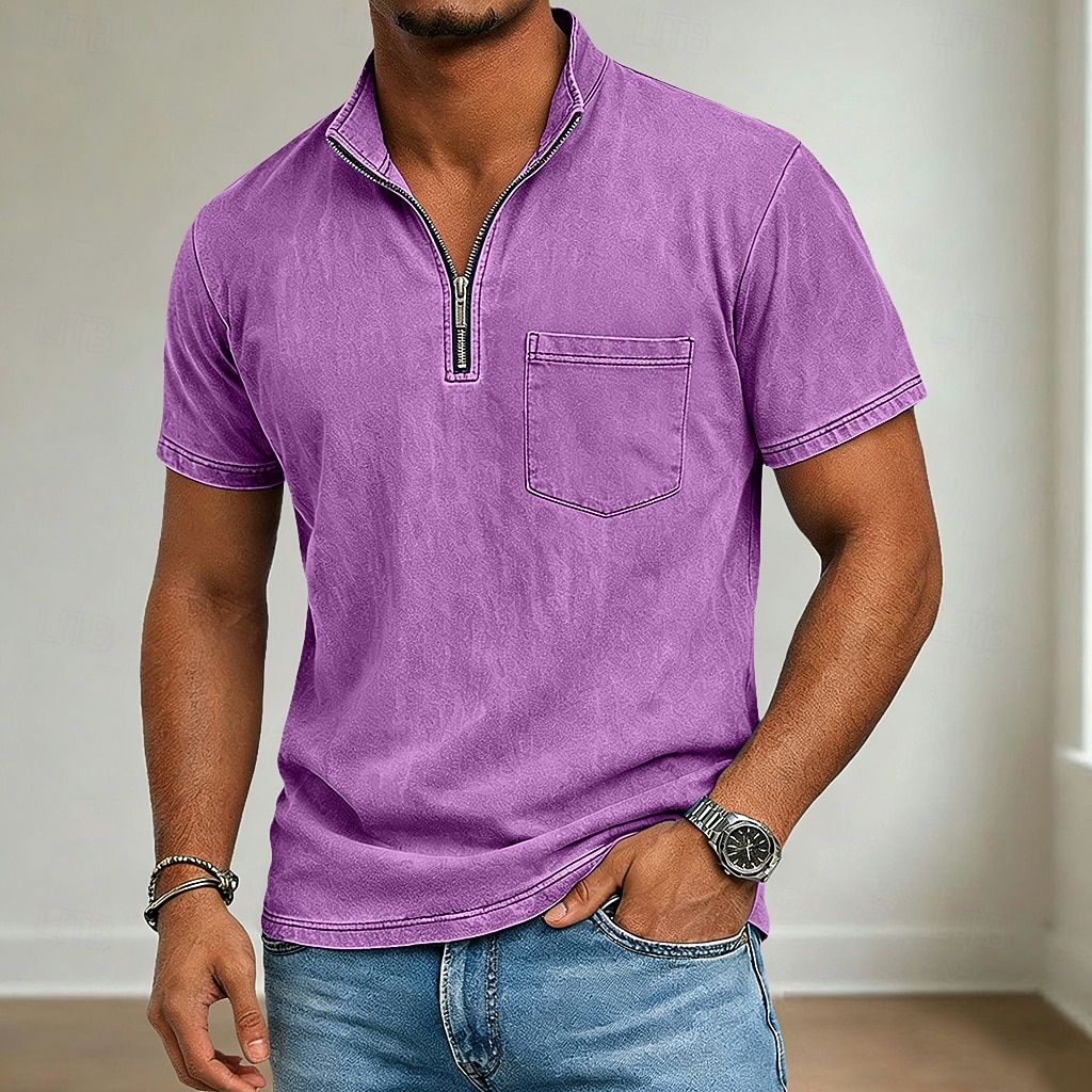 Муж. Футболка Рубашка из 100% хлопка с кислотной стиркой С короткими рукавами Четверть молния Лето Весна Осень Полотняное плетение Ретро На каждый день Старинный Окрашенная одежда Промытый 2026 - $31.99 –P4