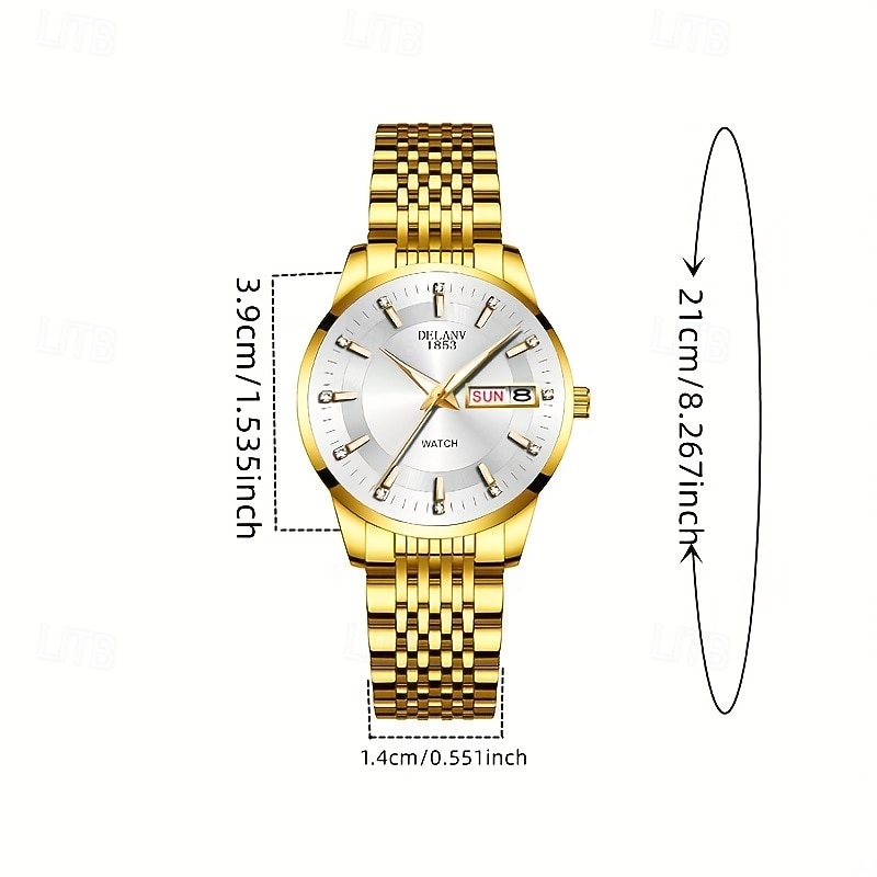 Luxe dameshorloge, tweekleurige goud-zilveren roestvrijstalen band, lichtgevende wijzers met datum- en dagweergave, elegante zwarte wijzerplaat met diamanten accenten, een stijlvol polshorloge voor 2026 - $22.99 –P5