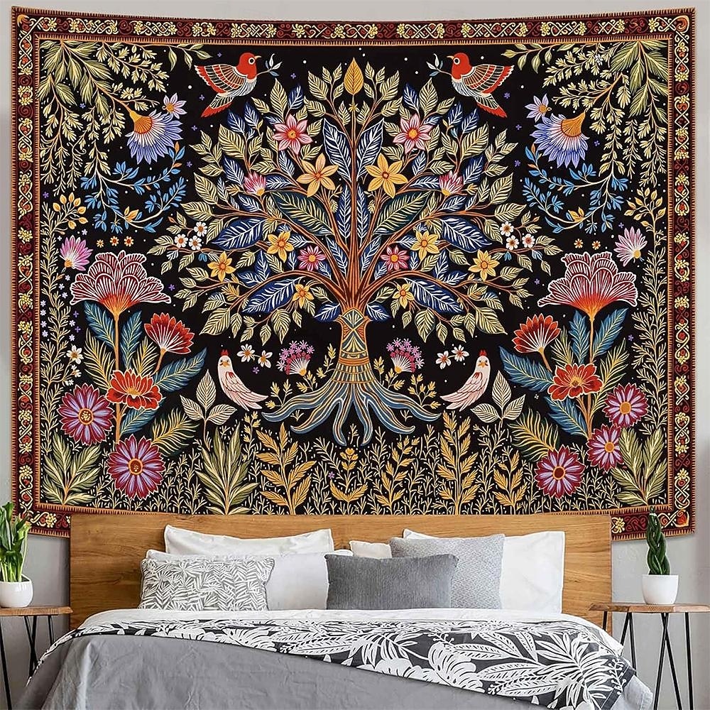 Livets tre folkekunst veggteppe bohemsk etnisk fugler og blomster natur landskap svart bakgrunn åndelig hjemdekor stue soverom bakgrunn innendørs veggmaleri 2026 - $19.99 –P3