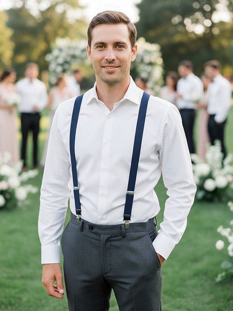 2026年 男性用調節可能なポリエステルサスペンダー - 伸縮性があり、マルチカラーのオプション、丈夫なクリップ、結婚式、パーティー、カジュアルな普段着に最適  コレクション – $11.99 –P1