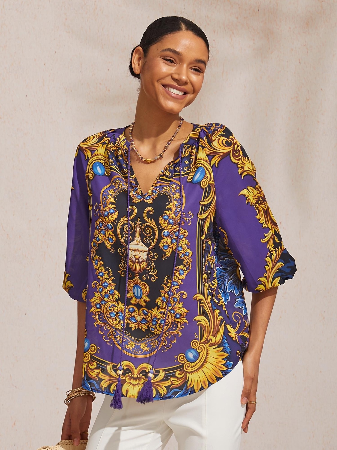Топ из барочного шифона темно-синего цвета с рукавами 3/4 2026 - $67.99 –P12