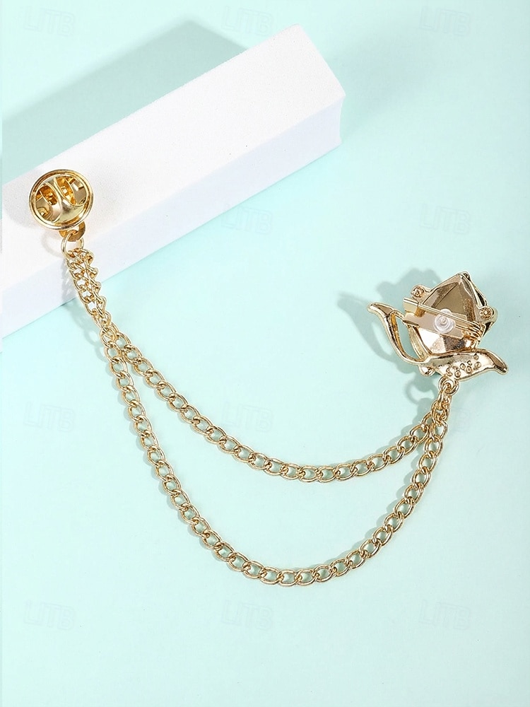 Spilla da bavero da uomo in lega con rosa e catena, accessorio per abiti da sposa e da festa, vari colori, elegante spilla floreale per occasioni formali del 2026 a $11.99 –P9