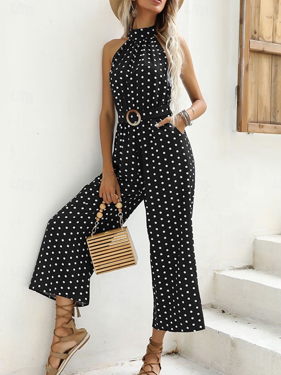 Mujer Normal Mono Activo A Lunares Sin Mangas Perneras anchas Cuello halter Bolsillo Estampado Diario Vacaciones Holgado Negro Vino Azul Marino Verano 2026 - $42.99 –P1
