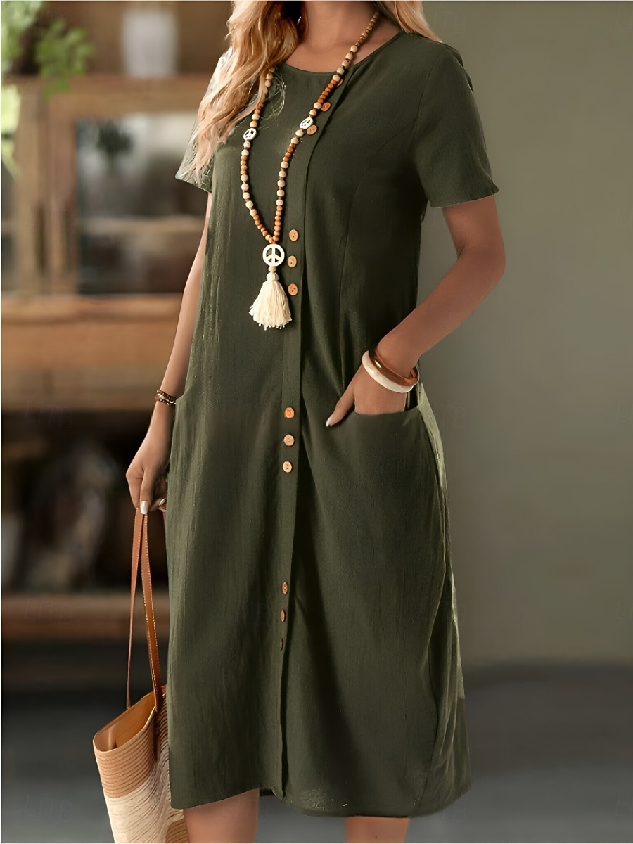 Dames Halflange jurk Jurken met linnenlook Hemdjurk Zomerjurk Casual Dagelijks Normale pasvorm Effen Korte mouw Strakke ronde hals Marine Zwart Wit Leger Groen Zomer Lente Herfst 2026 - $36.99 –P3