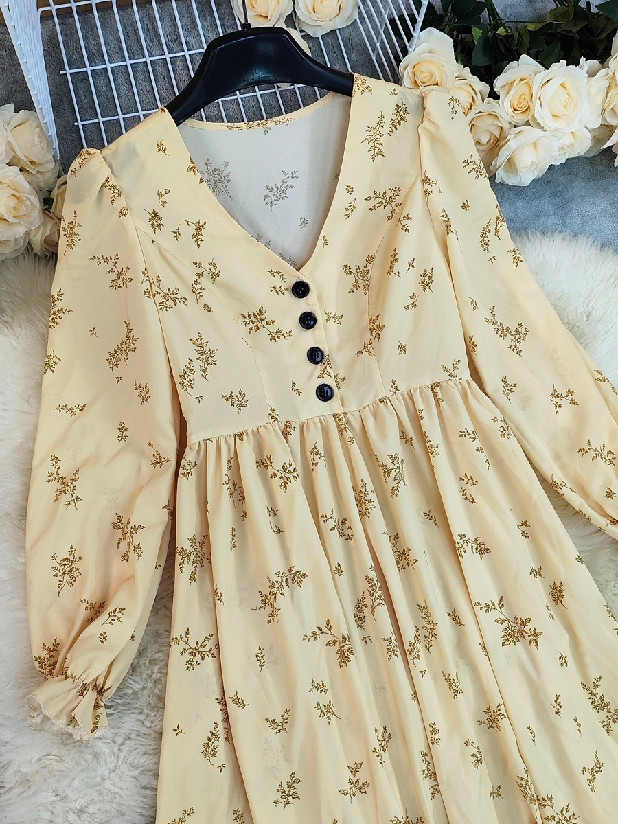 long sleeve light in the women's swing dress Lady Long Swing Dress Chiffon Floral Flared Sleeve Sweet Casual Vacation  Summer