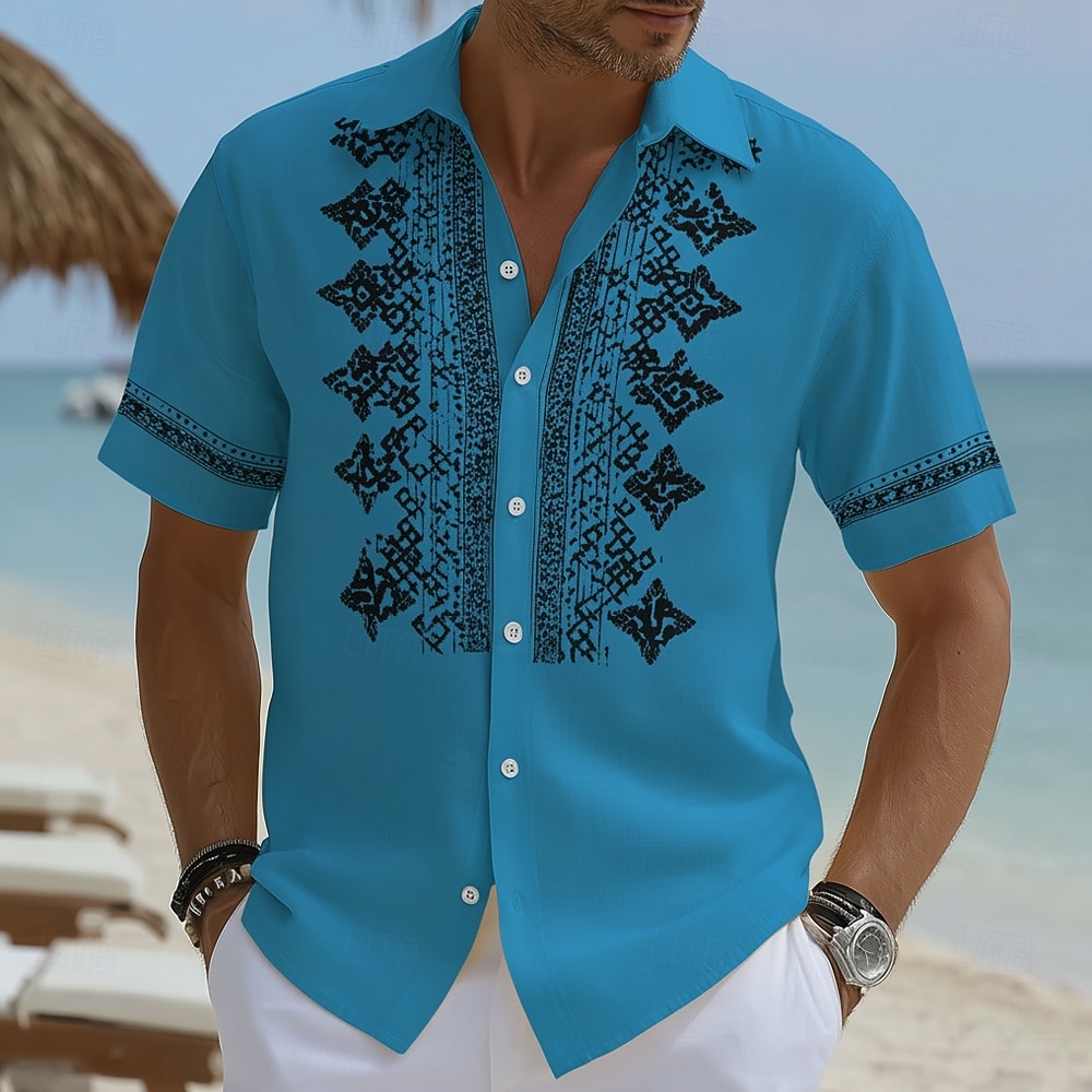 Men's Geometric Pattern Ethnic Shirt Button Up Shirt Short Sleeve Vintage Retro Daily Outdoor Vacation Summer Spring Turndown 3D Print Linen Like Shirt Blue Yellow Sky Blue Purple Khaki 2026 - $25.99 –P5