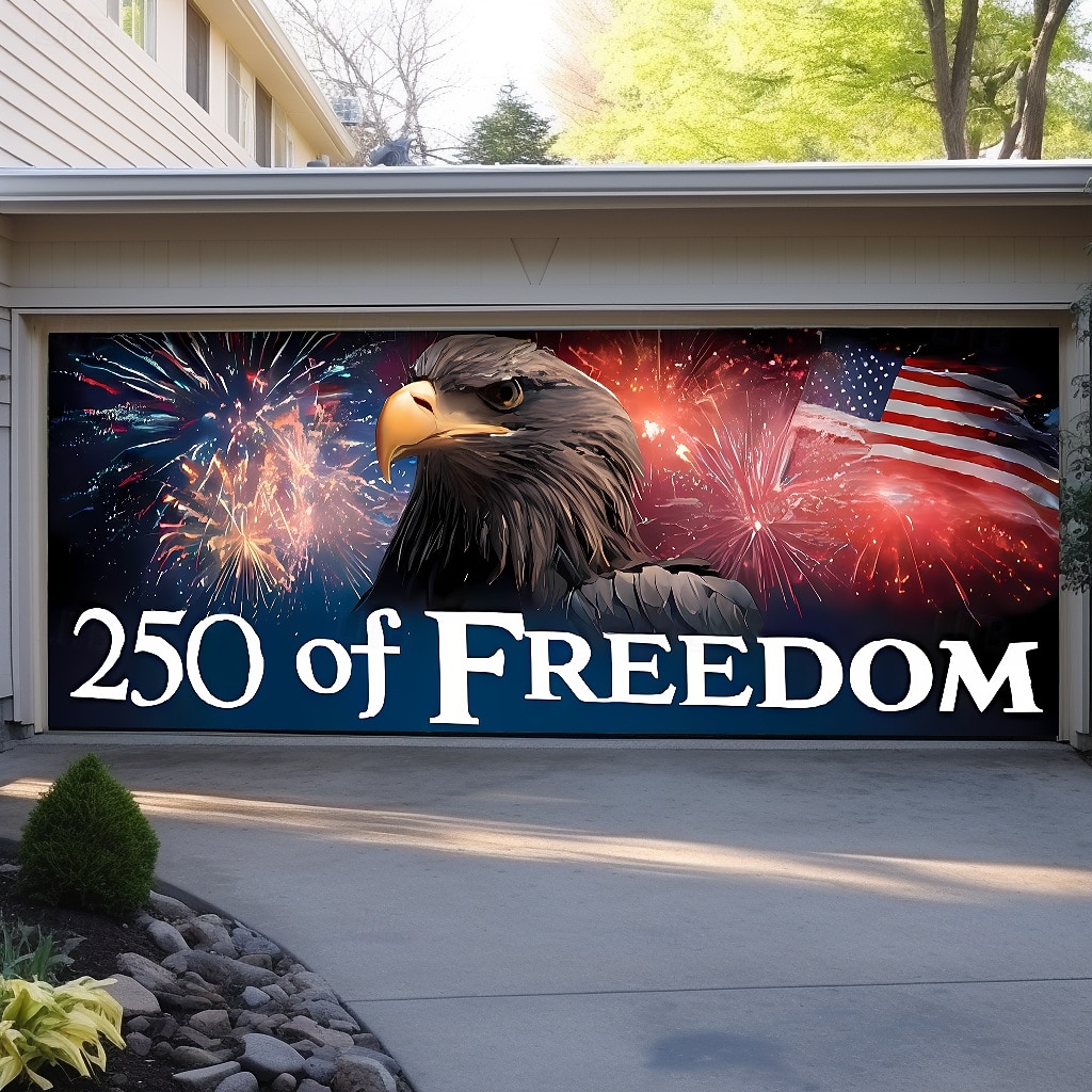 4. juli 2026 250-års minnedag 250 Frihet Bald Eagle Amerikansk flagg fyrverkeri Garasjeport banner utendørs patriotisk dekorasjon uavhengighetsdag 4. juli feiring bakgrunn 2026 - $49.99 –P5