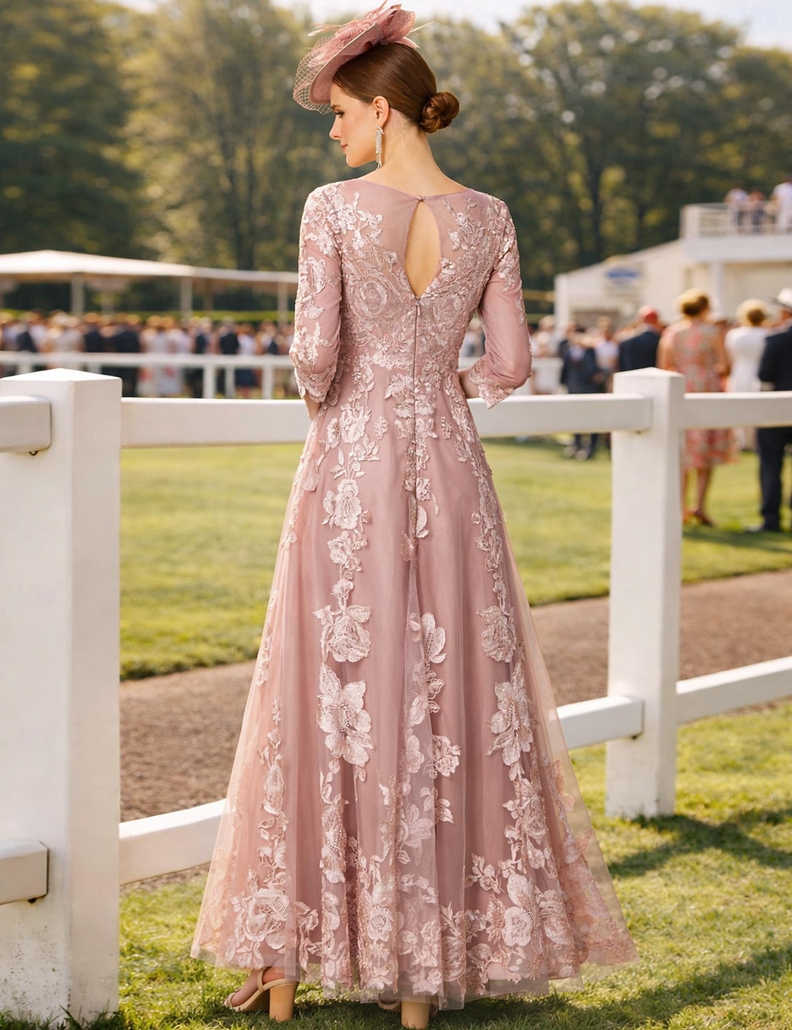 Linea ad A Abito Lunghezza al pavimento Abito da invitata a nozze Abito Formale Abito da sera Abito da cerimonia per signora Manica 3/4 Collo gioiello Elegante Ricevimento di matrimonio Pizzo con del 2026 a $264.49 –P2