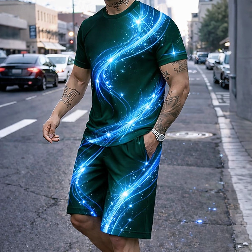Hombre Geométrico 2 piezas Conjuntos de camisetas Tops de verano Manga Corta Pantalones cortos Cuello Barco Casual / Diario Vacaciones Deporte Noche Impresión 3D Verano Azul Piscina Rojo Dorado 2026 - $28.99 –P3