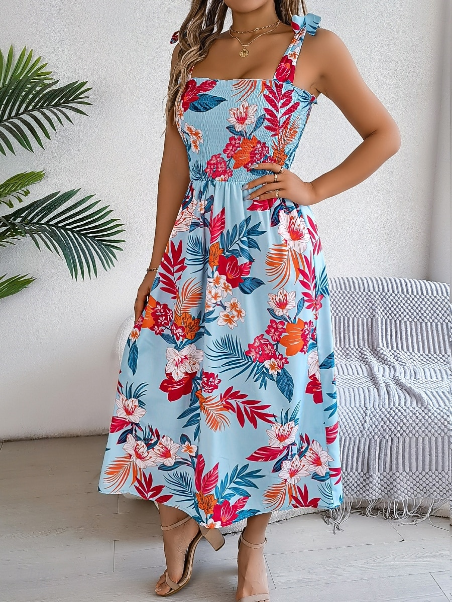 Women's Midi Dress Beach Dress A Line Dress Floral Dress Slip Dress Elegant Fashion Modern Outdoor Beach Vacation Regular Fit Floral Sleeveless Square Neck Blue Yellow Green Summer Spring 2026 - $26.99 –P11