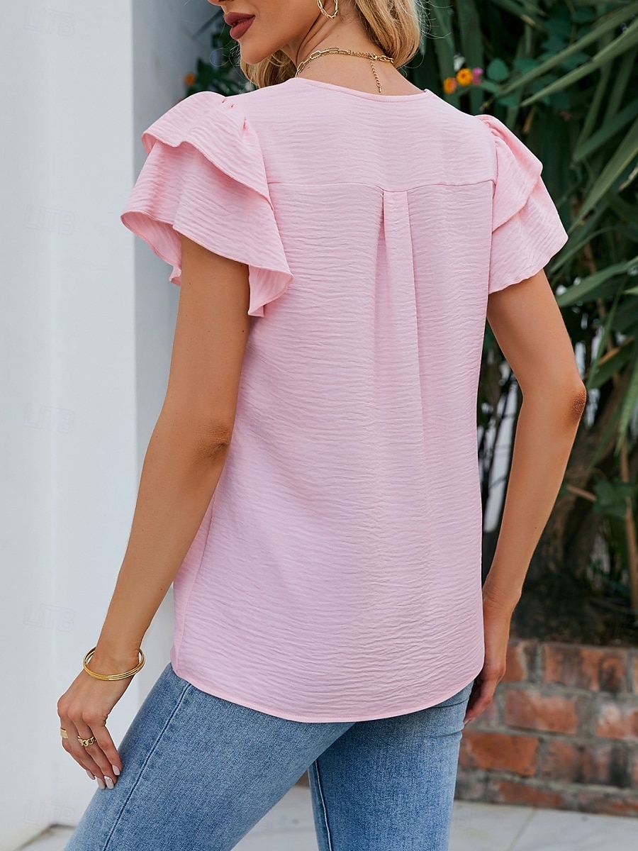 Dame T skjorte T-skjorte Drapering عادي Mote Stilfull Klassisk Kortermet V-hals Vanlige topper Daglig Ut på byen Helg Svart Hvit Rosa Himmelblå Fuksia Sommer Vår 2026 - $22.99 –P4