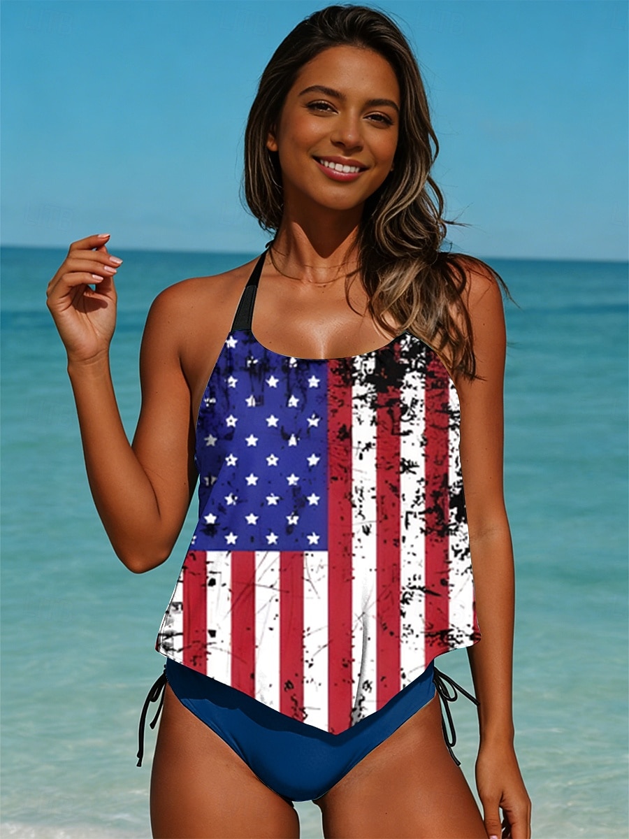 Traje de baño tankini de dos piezas para mujer, con motivo del Día de la Independencia de Estados Unidos, sin espalda, para vacaciones en la playa, con cuello halter y bandera estadounidense, sin 2026 - $26.99 –P2