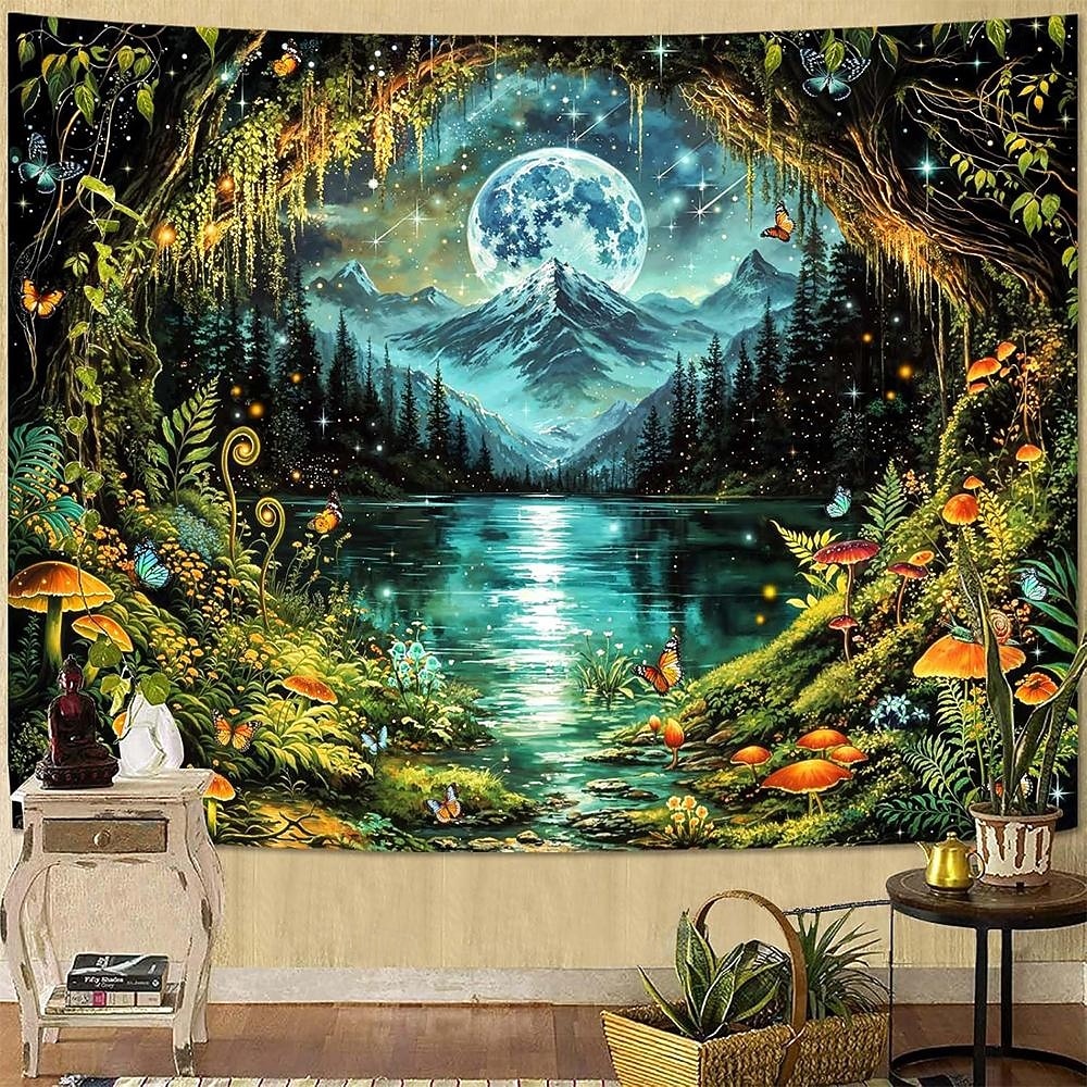 magico cielo notturno luna paesaggio montano arazzo fungo luminoso farfalla foresta lago decorazione murale psichedelica fantasy casa camera da letto soggiorno sfondo del 2026 a $20.99 –P2