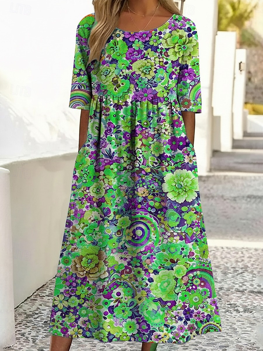 2026年 女性用 ミディドレス カジュアルドレス プリントドレス ファッション アウトドア バケーション お出かけ ルーズフィット フラワー グラフィック 半袖 クルーネック ブルー ライトイエロー パープル グリーン 夏 春  コレクション – $29.99 –P4