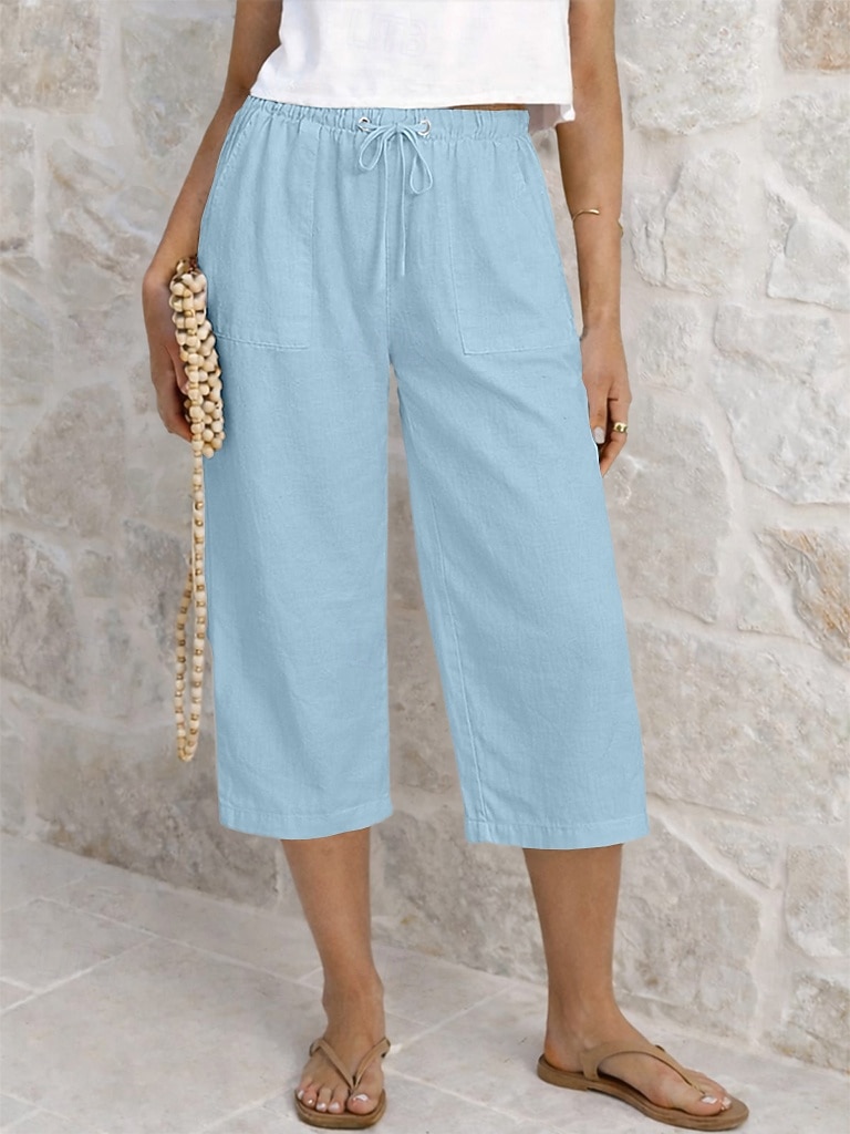 Dam Capribyxor Sommarshorts Beskurna byxor Capri byxor i linne Mode Grundläggande Vadlängd Medium Midja Slät Snörning Ficka Elastisk midja Lättvikt Andningsfunktion Oelastisk Semester Gata Dagliga 2026 - $22.99 –P10