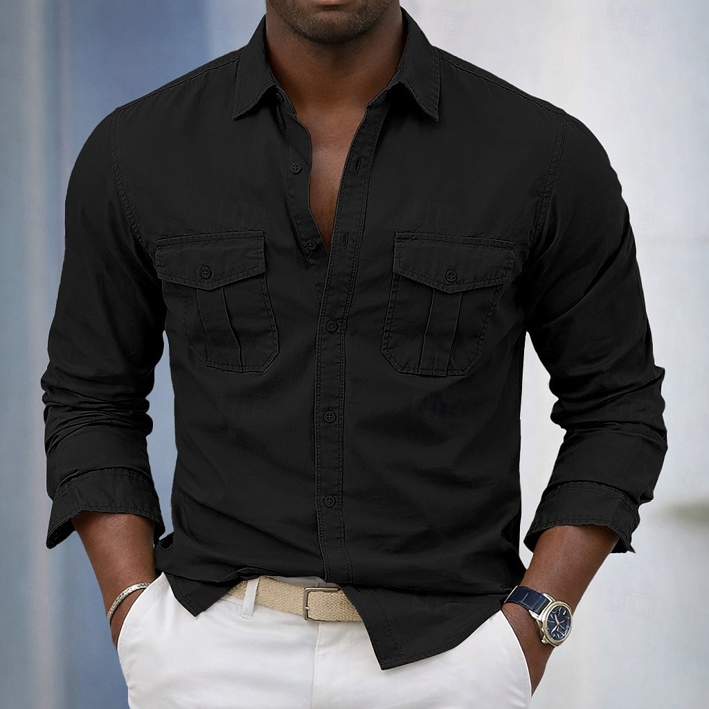 Men's Shirt Casual Shirt Work Shirt Button Up Shirt Black White Green khaki Army Green Long Sleeve Plain Shirt Collar Casual Daily Front Pocket Clothing Apparel Elegant Fashion Casual 2026 - $31.99 –P4