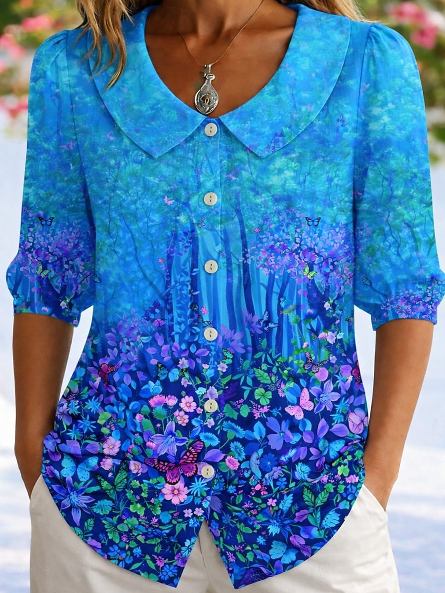Damen Hemd Boho-Hemd Blumen Elegant Bohemien Täglich Strandbekleidung Urlaubskleidung Blau Weiß Purpur Rosa Leicht Blau Sommer Frühling 2026 - $32.99 –P5