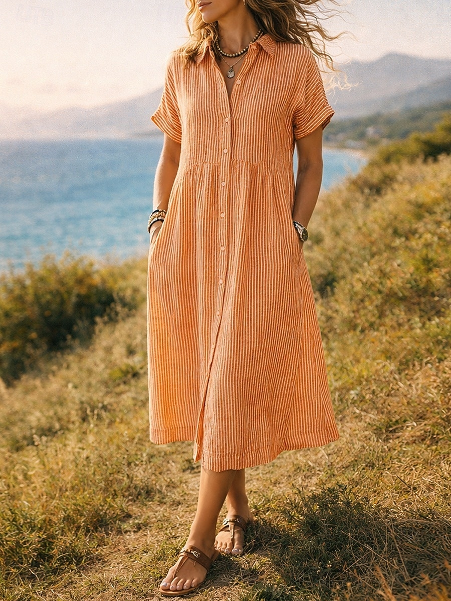 midi-jurk voor dames, jurk van imitatie linnen, overhemdjurk, casual jurk, A-lijn jurk, modieuze moderne jurk voor dagelijks gebruik, vakantiejurk, losse pasvorm, gestreepte jurk met korte mouwen, 2026 - $26.99 –P2