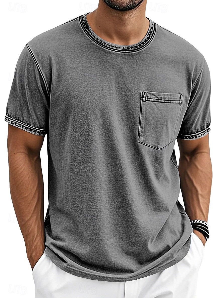 Herre T skjorte 100% bomullssyre-vaskeskjorte Kortermet Crew-hals Sommer Vår Alle årstider Helfarge Enkel Elegant Årgang Nøytral Lomme Plaggfarget Nedtrykt Avslappet Hjem utendørs Lyseblå Svart Brun 2026 - $20.99 –P8