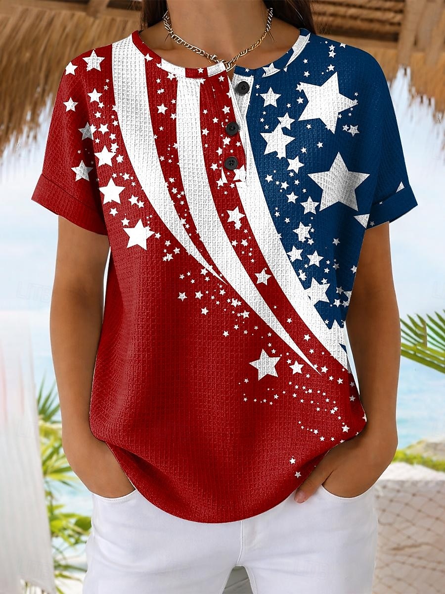American Independence Day Women's Waffle T Shirt Print Graphic Flag Stylish Classic Casual Short Sleeve Crew Neck Regular Tops Daily Blue White Red Summer Spring 2026 - $24.99 –P1