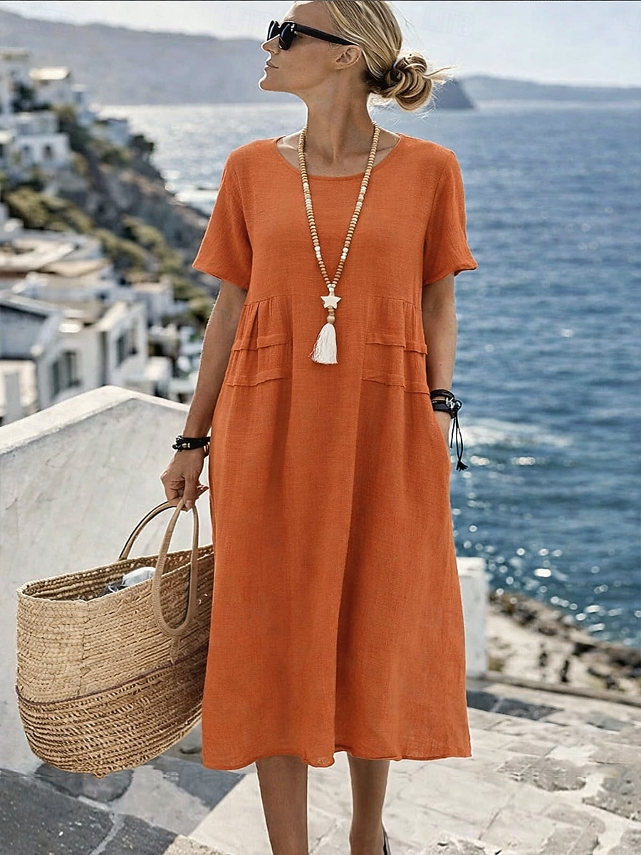 orange summer midi dress Floral Midi Dress with Elastic Waist Bubble Sleeve Summer Dress