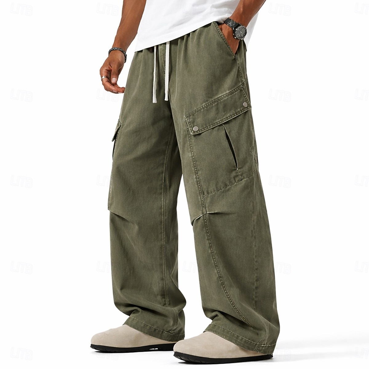 Pantalon cargo en denim 100 % coton softfade™ pour homme, coupe décontractée, taille élastiquée avec cordon de serrage, jambes larges, coupe unie, confortable et respirant, longueur standard, style décontracté au quotidien, idéal pour les activités de ple de 2026 ? $37.99 –P1
