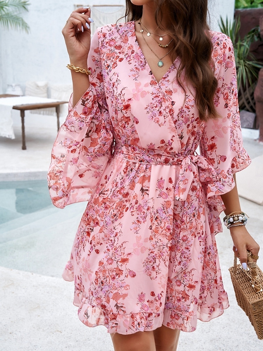 Women's Mini Dress Casual Dress Chiffon Dress Floral Dress Elegant Fashion Modern Outdoor Vacation Going out Regular Fit Floral Half Sleeve V Neck Black Pink Green Summer Spring 2026 - $41.99 –P6