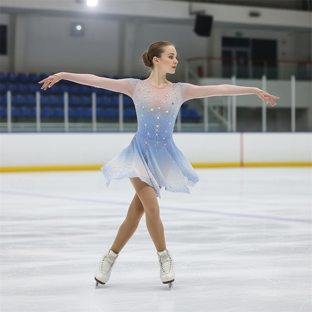 Figure Skating Dress Women's Ice Skating Dress Sky Blue Patchwork Asymmetric Hem Stretchy Training Competition Skating Wear Classic Crystal / Rhinestone Long Sleeve Ice Skating Figure Skating 2026 - $226.09 –P1
