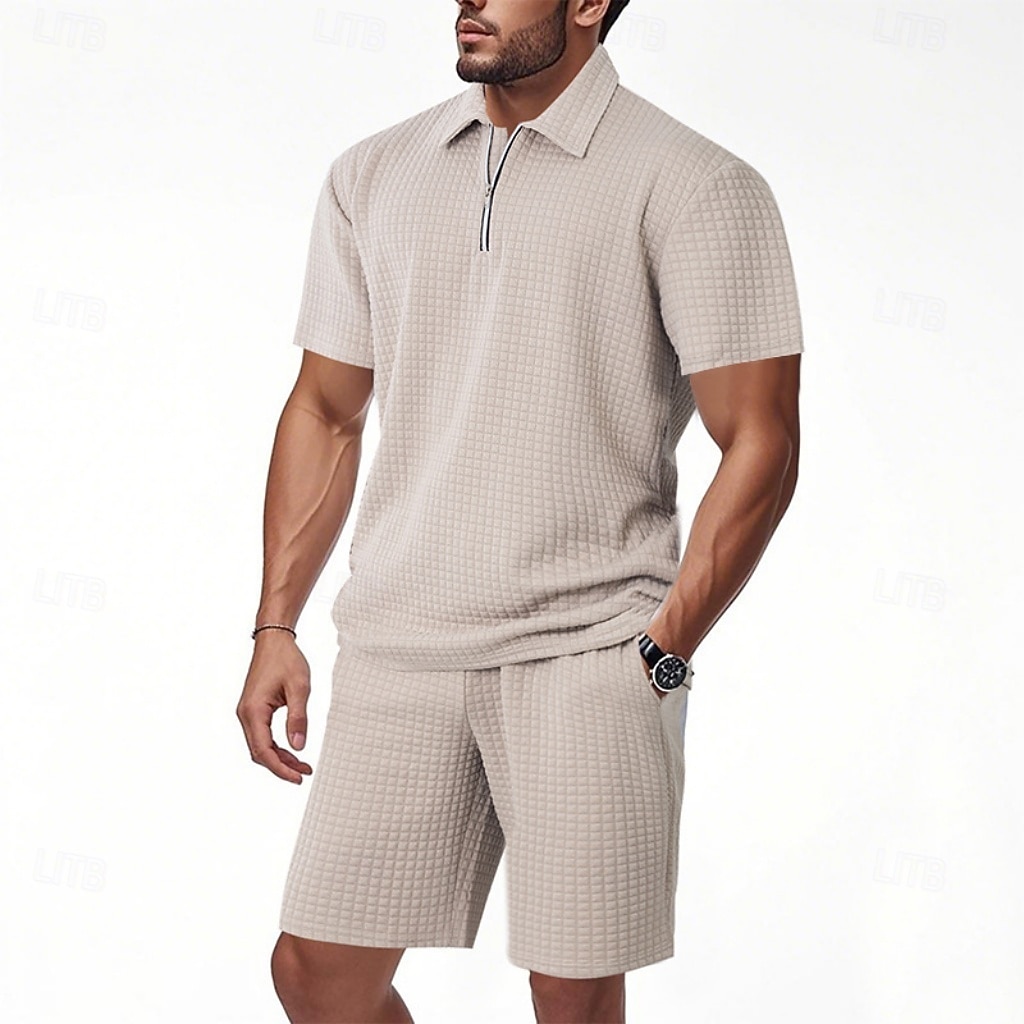 Herre Polo T-skjorte drakter Joggedress Shorts og T-skjorte sett Kortermet Kort Erme Aftæpning Sommer Fargeblokk Gymnastik Fritid Jacquard Glidelås 2 deler Avslappet Feriereise Dagligdagstøy Svart 2026 - $35.99 –P4