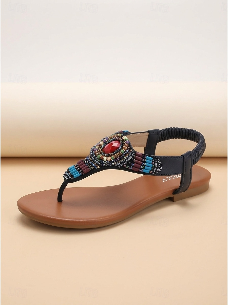 Sandales plates bohèmes à perles pour femmes - sandales ethniques tribales à bride en T et bride élastique à l'arrière, idéales pour les vacances à la plage et les séjours en bord de mer. & été de 2026 ? $42.99 –P5