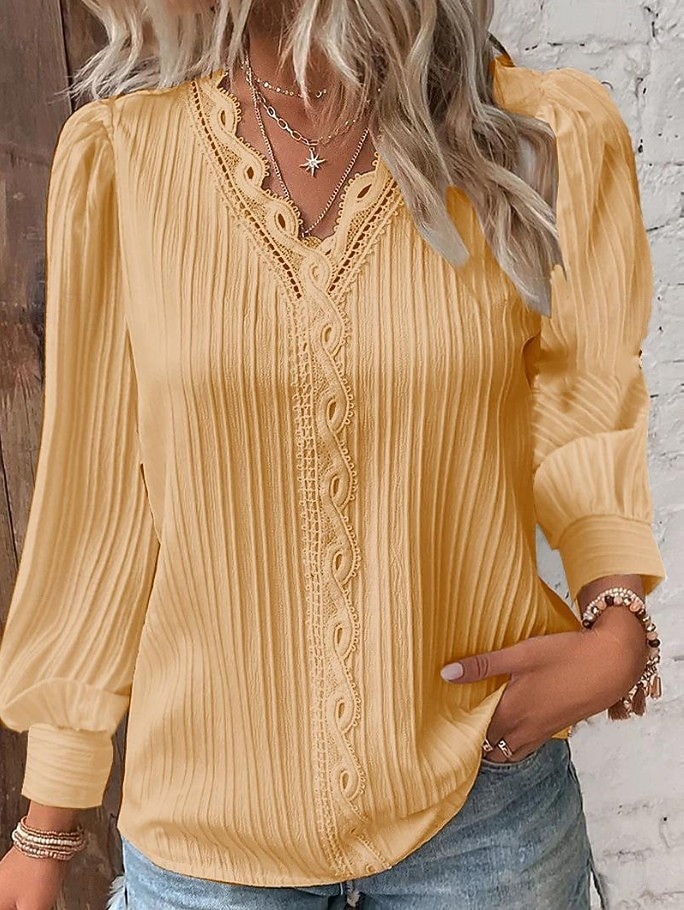 Women's Lace Shirt Blouse Lace Patchwork Solid Color Stylish Casual Long Sleeve V Neck Regular Tops Daily Blue Black White Yellow Red Spring Fall 2026 - $19.99 –P8