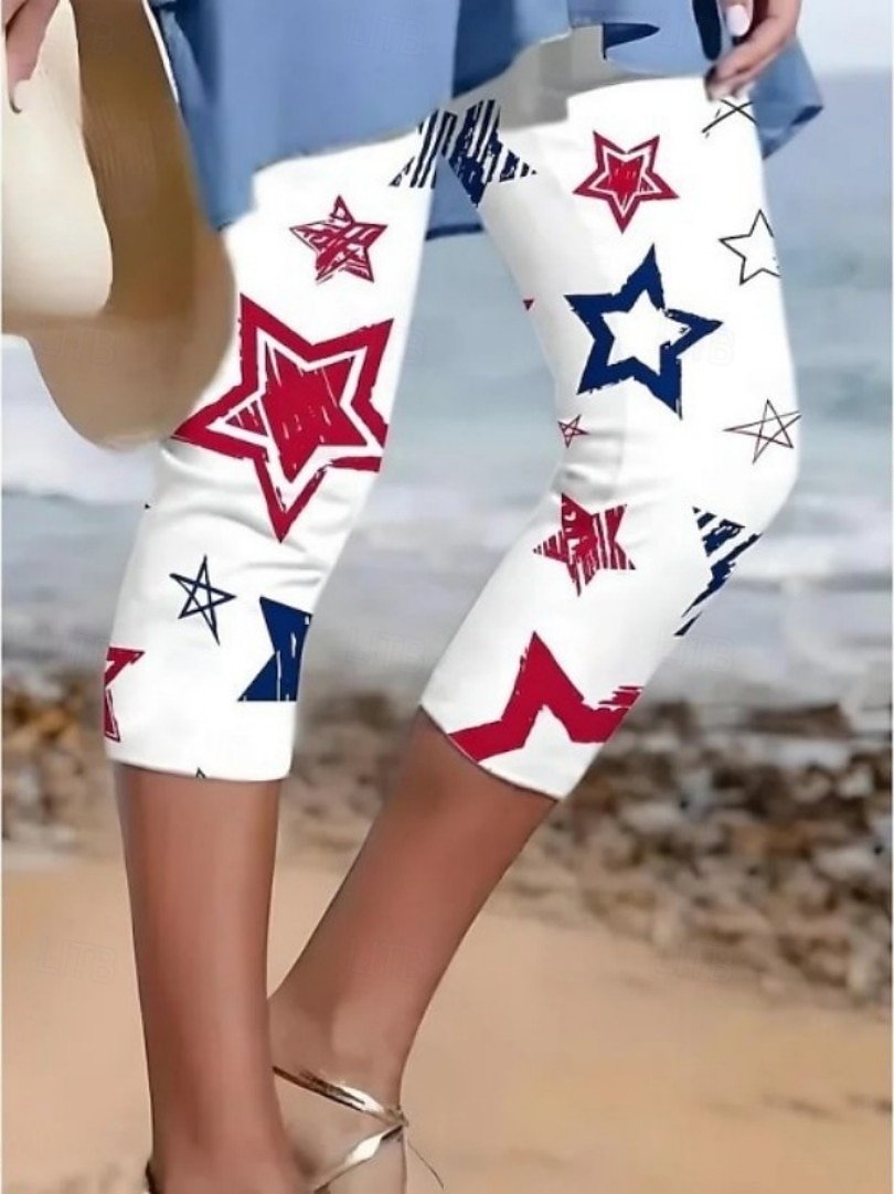 Calças legging capri femininas para o Dia da Independência, estilo vintage, comprimento até a panturrilha, cintura alta, estampa gráfica da bandeira americana e estrelas, confortáveis, macias, de 2026 por $21.99 –P1