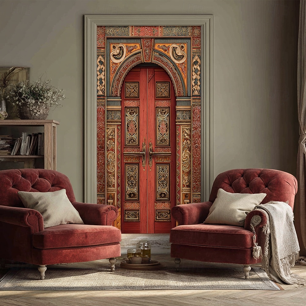 ősi arab piros fa ajtó díszes mór boltív bonyolult virágfaragás 3D realisztikus szövet ajtó banner borító otthoni belső szoba dekoráció bejárat party háttér 2026 - $17.99 –P1
