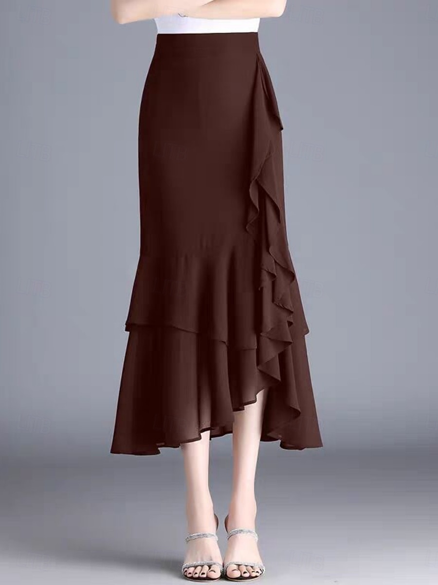 Mujer Falda de vacaciones Elegante Moda Casual Midi Alta cintura Faldas Plano Rizado Microelástico Diario Calle Negro Rojo Morado Café Verano 2026 - $43.99 –P5
