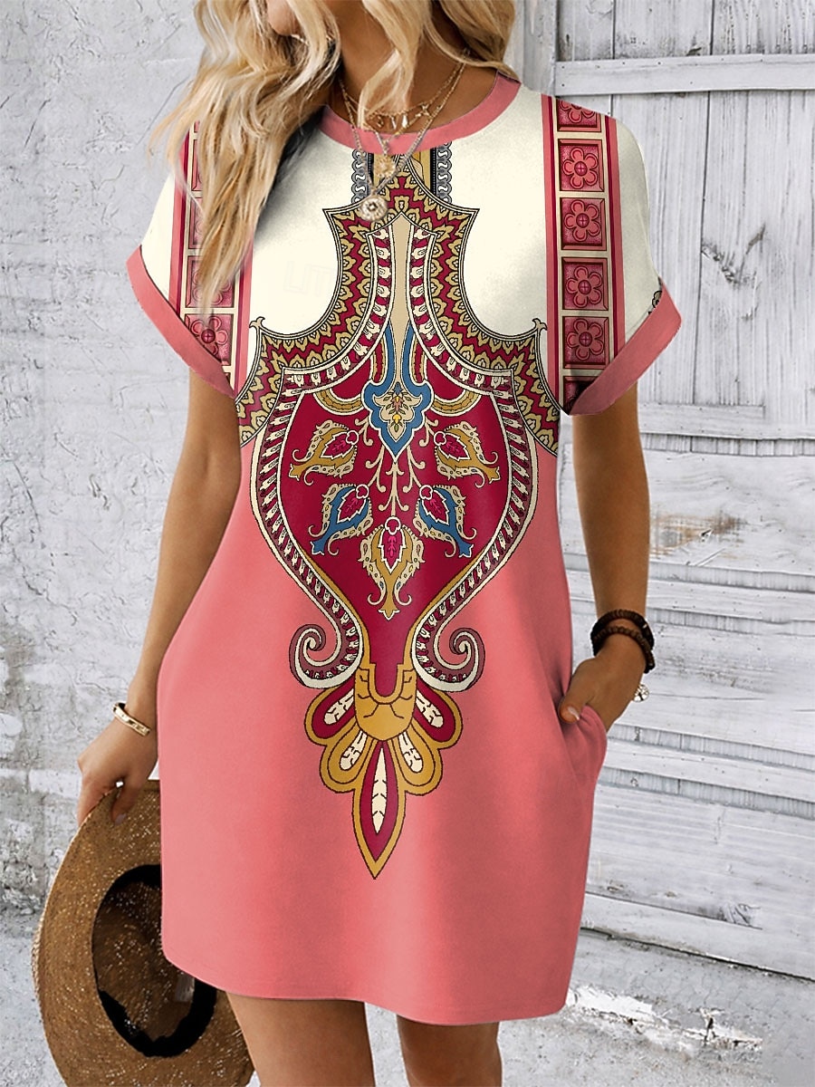 Damen Minikleid Shiftkleid T-Shirt-Kleid Sommerkleid Lässig Täglich Ferien Date Normale Passform Grafik Stammes Ethnisch Kurzarm Rundhalsausschnitt Blau Rote Purpur Grün Sommer Frühling 2026 - $25.99 –P1