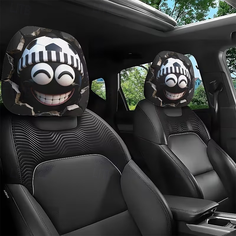 2 stuks grappige hoofdsteunhoezen met voetbalhoofd-uitdrukking voor in de auto, gemaakt van non-woven polyester, universele pasvorm, wasbaar, eenvoudig te installeren, perfect voor roadtrips of 2026 - $9.49 –P1