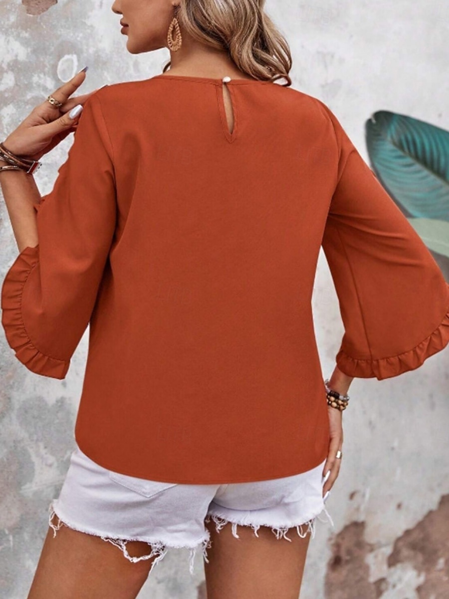 Mujer Camisa Blusa Blusa con volantes Volante Plano Elegante Clásico Moderno Manga 3/4 Cuello Barco Tops regulares Diario Festivos Noche Negro Rojo Naranja Verde Trébol Albaricoque Verano Primavera 2026 - $24.99 –P19